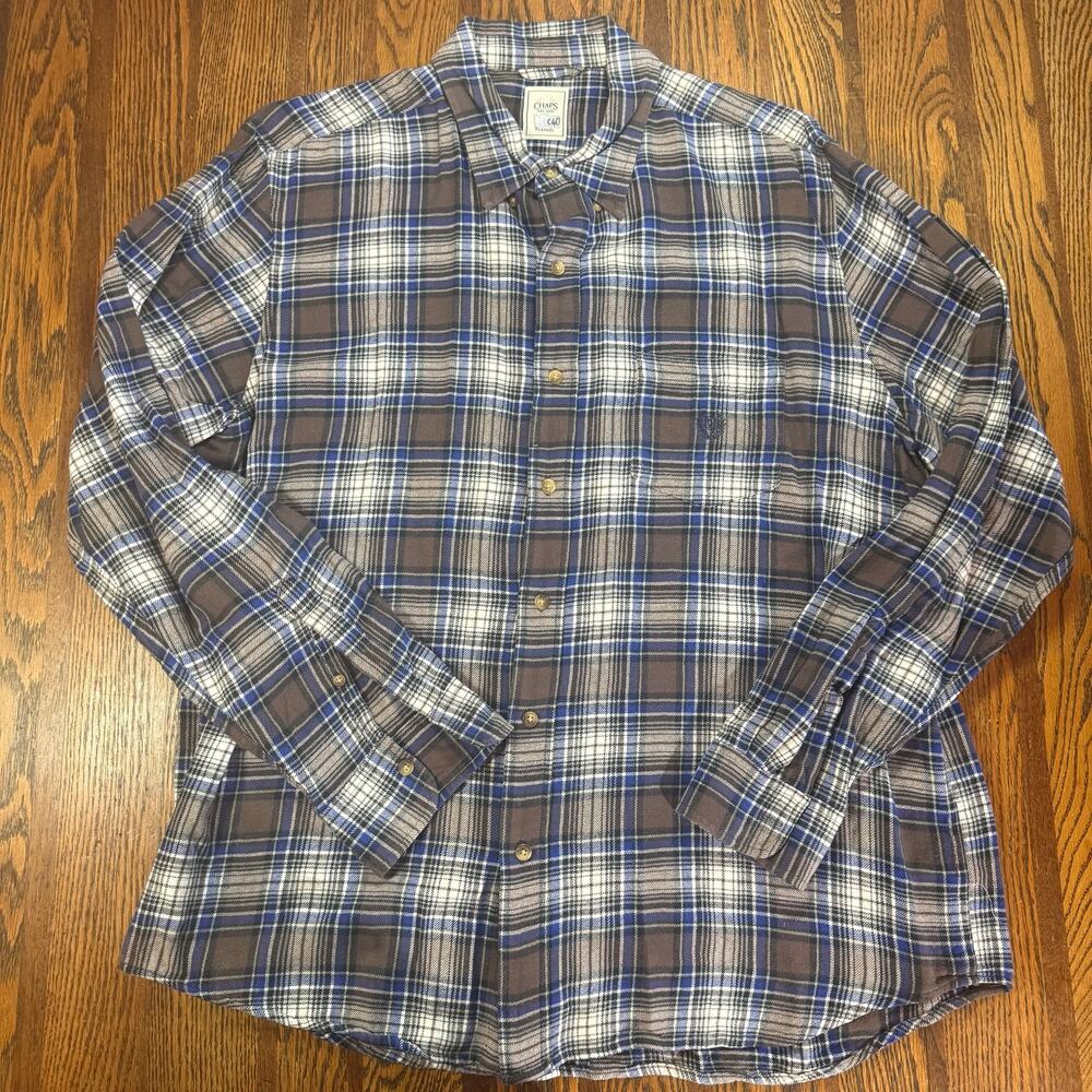 Chaps Plaid Flannel Shirt Mens XL Long Sleeve Button Down Brown Blue Gray Cotton